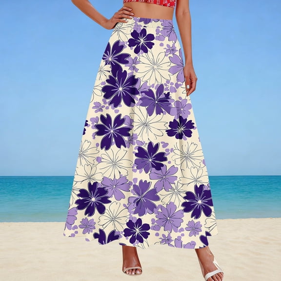 Qulqfy Womens Summer Maxi A-Line Peasant Long Skirts Plus Size High Waisted Flowy 100%Cotton with Pockets Drawstring Purple Skirts for Women L