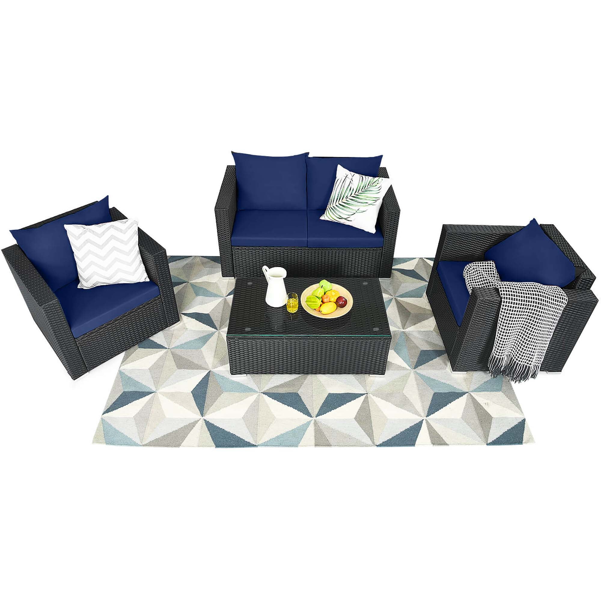 Costway 4 PCS Patio Rattan Furniture Set Cushioned Sofa Chair Coffee Table Blue