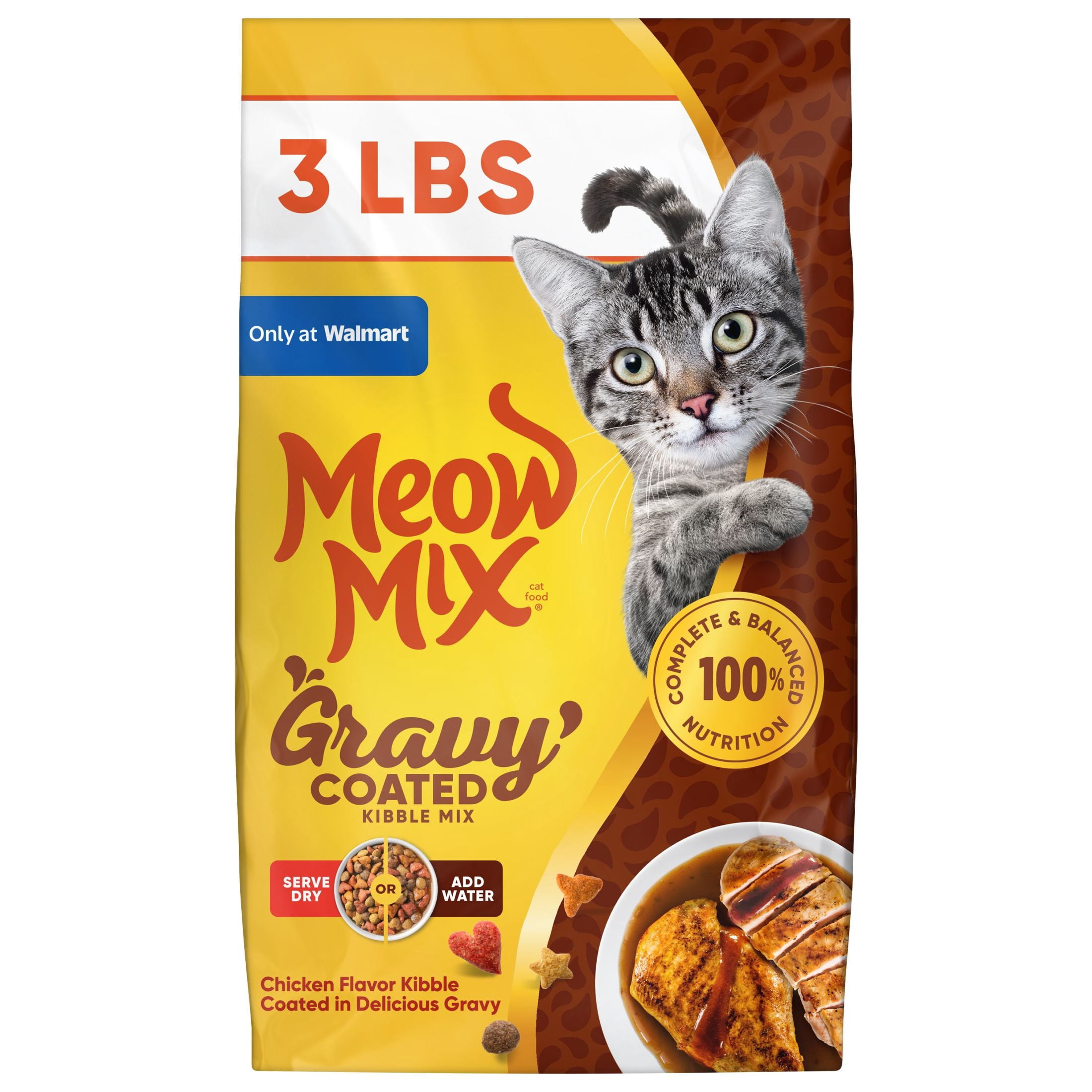 (2 pack) Meow Mix Gravy Coated Kibble Mix, Chicken Flavor Dry Cat Food, 3 Lb. Bag