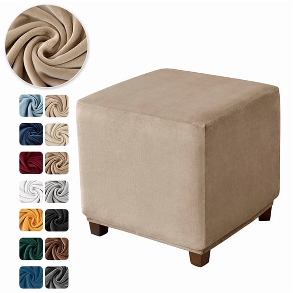 XmhyTop-A Square Footstool Cover - S Size Velvet Cover Elastic Stool for Protection - 1 Piece,Khaki