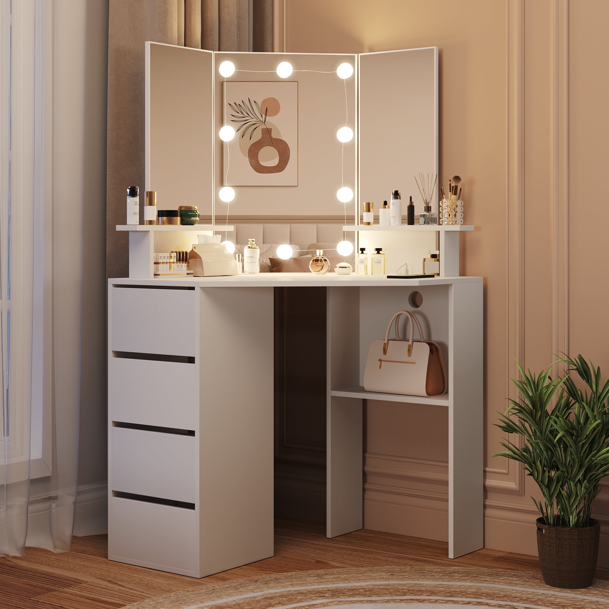 Veanerwood White Corner Vanity Desk with Mirror and Light,Makeup Table with 4 Drawers and Charging Station for Bedroom