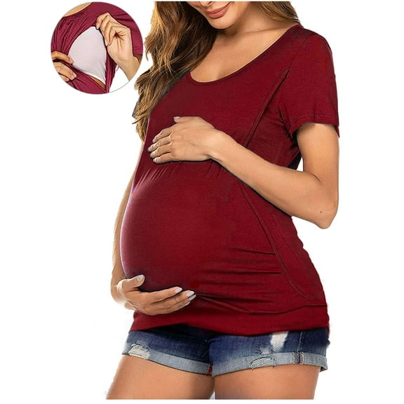 Gustave Short Sleeve Maternity Nursing Tops Summer Double Layer Breastfeeding T Shirts Casual Round Neck Pregnancy Clothes Tee Blouse for Women "Red, M"