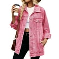 thumbnail image 3 of Jean Jackets for Women Trendy Button Down Denim Trucker Jackets Long Sleeves Frayed Hem Shacket Jacket Pink S, 3 of 9