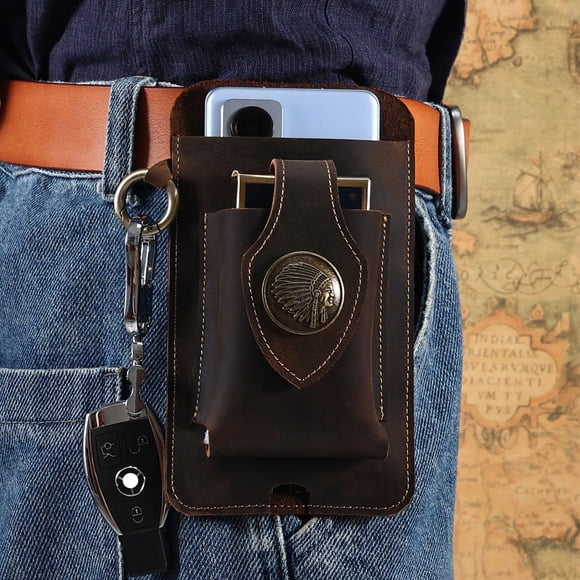 Openpig Leather Phone Holster, Cowhide Pouch Case with Keychain, Magnetic Closure Leather Cell Phone Holder for Belt, Phone Belt Bag