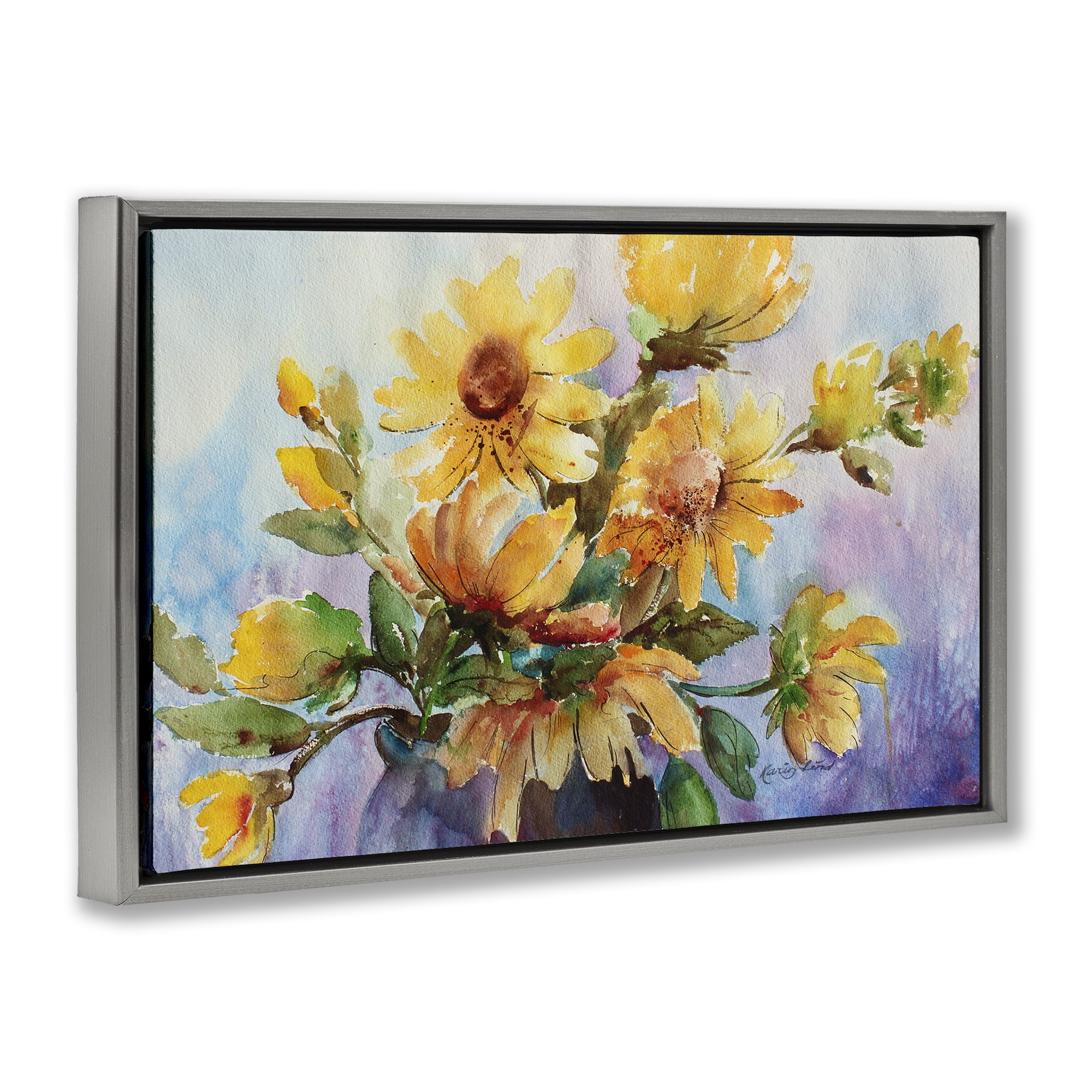 Stupell Industries Watercolor Daisies Vase Botanical & Floral Painting Gray Floater Framed Art Print Wall Art, 25 x 17