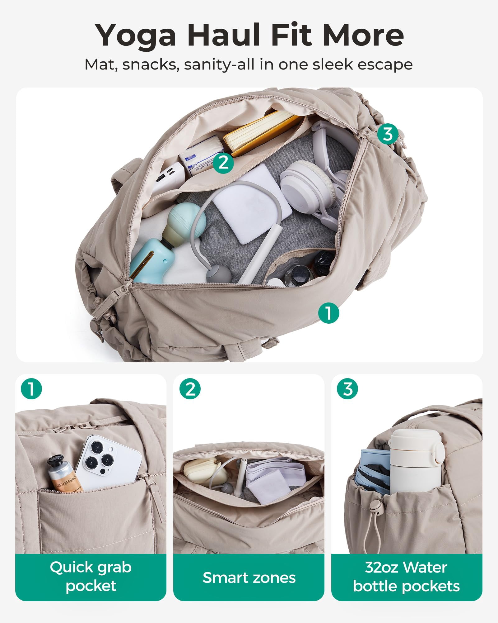 BAGSMART Reiki Gym Bag for Women, Yoga Mat Duffle Bag with Wet & Dry Pocket, Quilted Sports Bag for Weekend/Swimming, Camel
