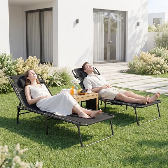 POTEBAN Set of 2 Folding Outdoor Lounge Chairs, 350lbs Heavy Duty Patio Recliner Chairs for Backyard, Lawn, Pool, Black