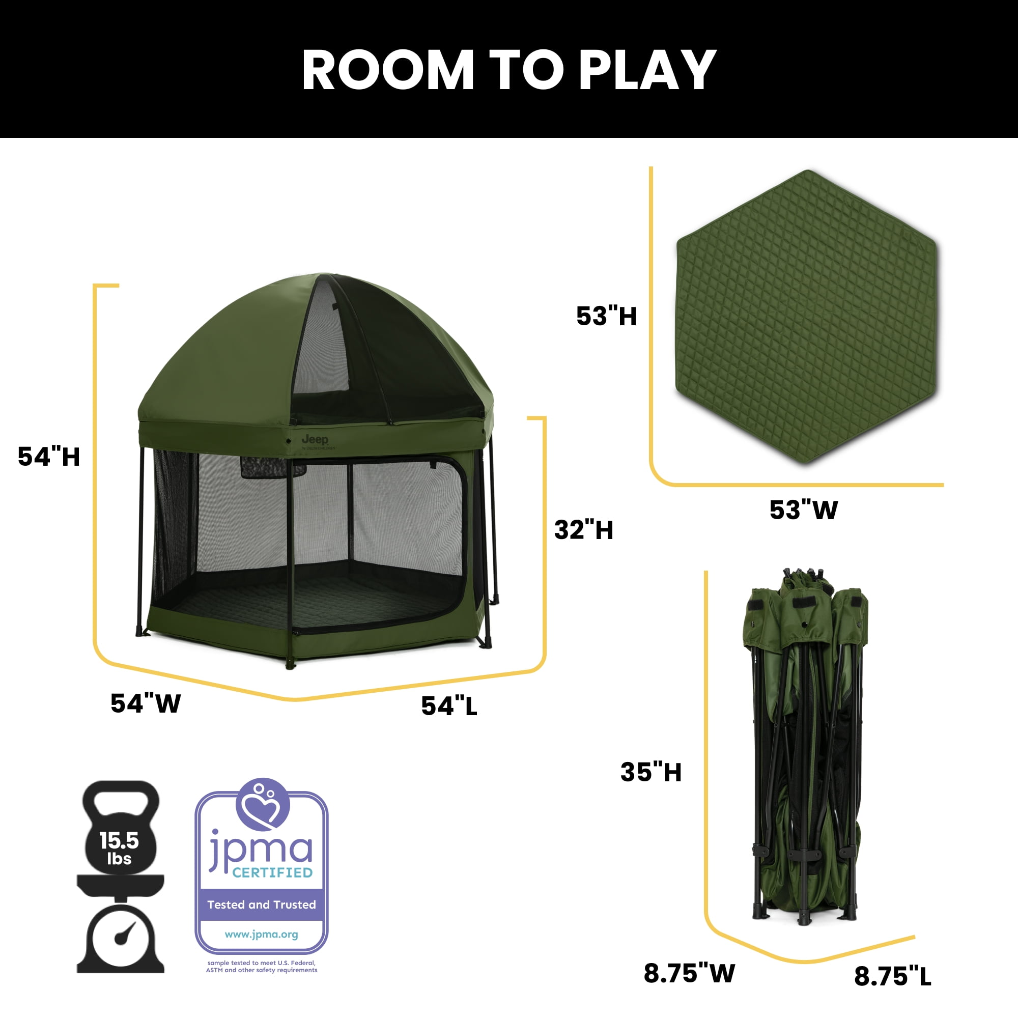 Jeep Hexagon Pop Up Play Yard with Removable Canopy - Ideal for Indoor and Outdoor Use, Olive Green