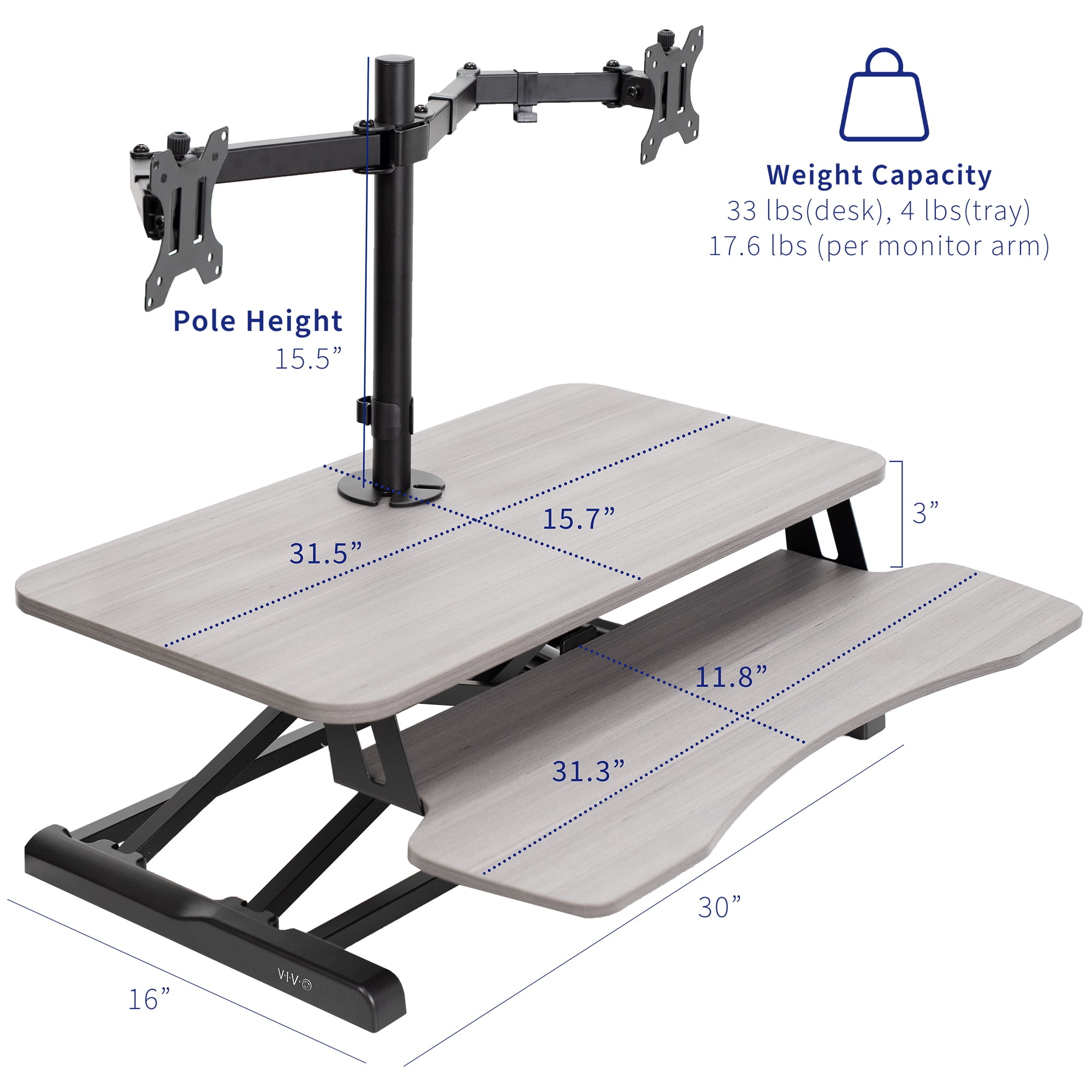 VIVO Gray 32" Standing Desk Riser with Adjustable Dual 13" to 30" Monitor Mount