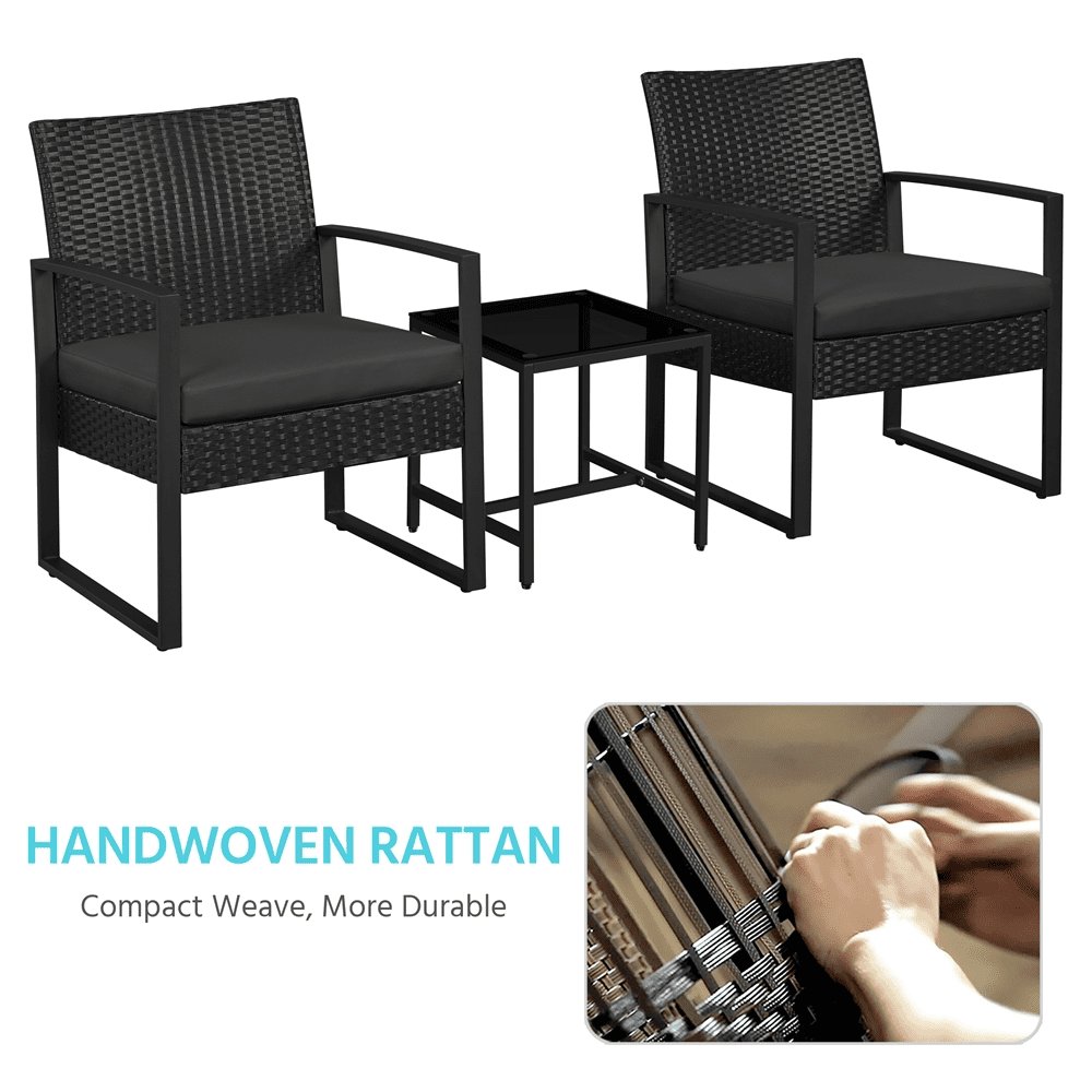Renwick 3-Piece Patio Bistro Set with 2 PE Rattan Chairs and Table, Black