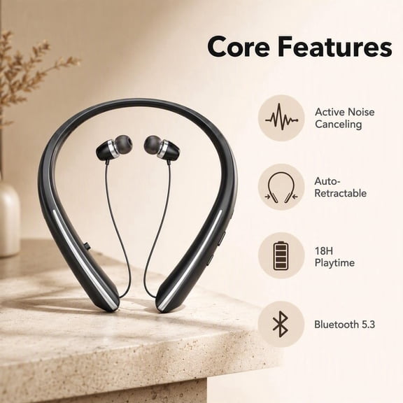 Neckband Bluetooth Headphone, Sweat Resistant Noise Cancelling Stereo Headphones and Retractable Headset Wireless Sports Earbuds for Music, Conference, Sports, Black