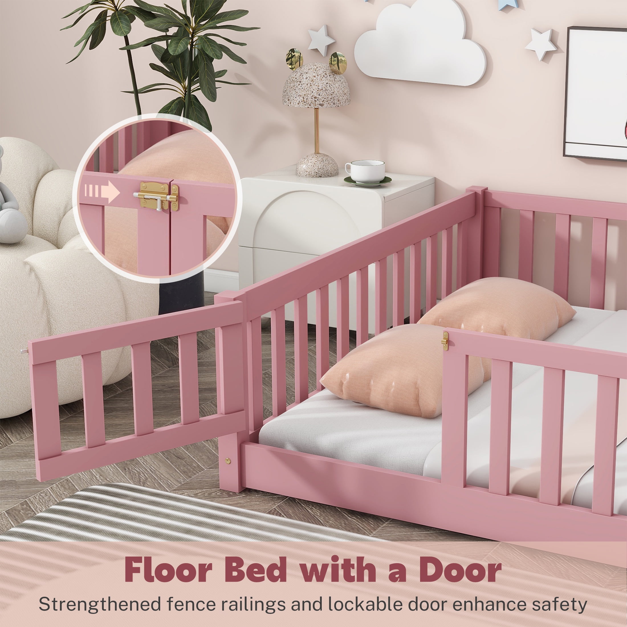 PAPROOS Full Size Floor Bed, Solid Wood Floor Platform Bed with Slat, Fence Guardrail and Door, No B(图3)