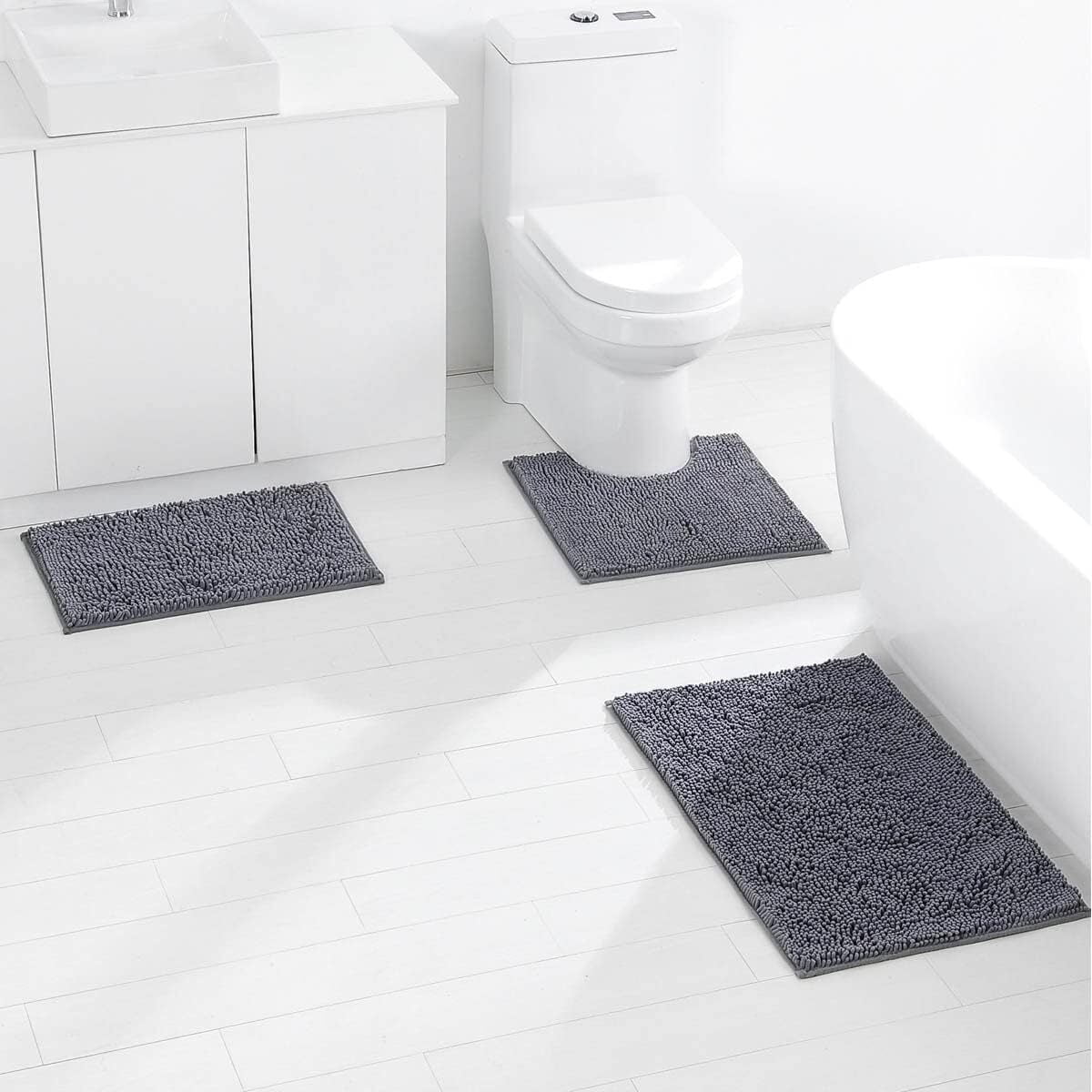 GoXteam Bathroom Rugs Chenille Bath mat 3 Piece Set, Super Absorbent, Strong PVC Non Slip Backing, Bath mats for Bathroom, Plush Shaggy, Thick, Machine Washable, Bathtub, Toilet, Coral