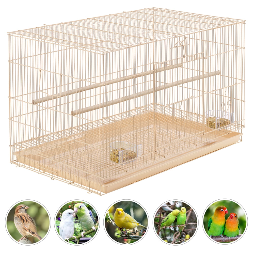 Alden Design 30" Bird Cage with Slide-Out Tray and Wood Perches, Almond