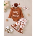 thumbnail image 2 of KIMI BEAR 3 Months Newborn Baby Girls Outfit Set 6 Months Clothes Ruffle Long Sleeves Letter Print Romper Floral Pants with 2pcs Headband 4pcs Pant Sets Brown, 2 of 9