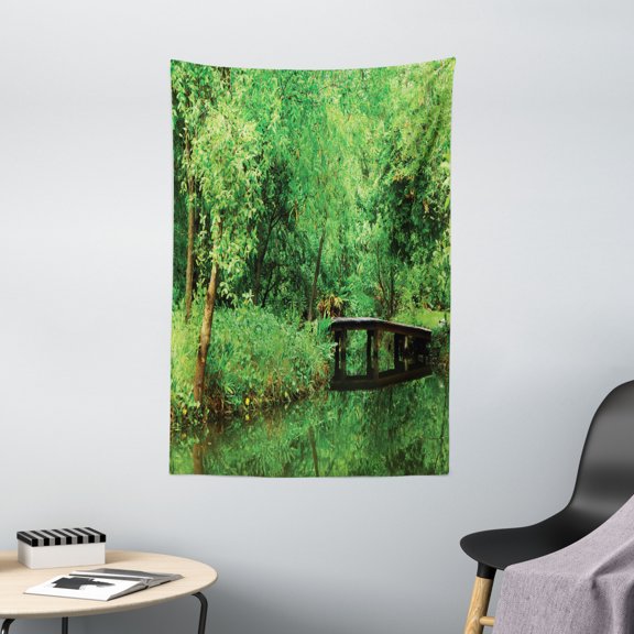 Tree Tapestry, Deep in Forest Theme Woodsy Landscape Leaves And Bridge Foliage Lush Rural Scenery, Wall Hanging for Bedroom Living Room Dorm Decor, 40W X 60L Inches, Green Brown, by Ambesonne