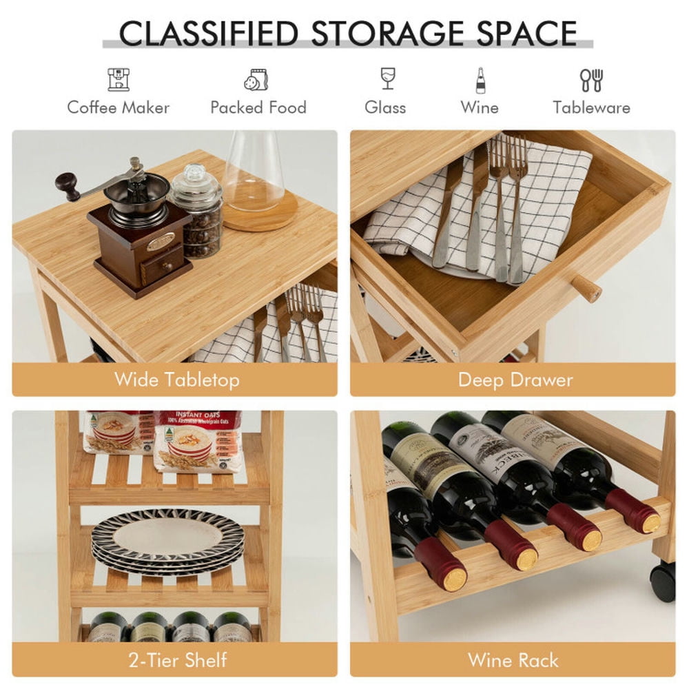 Finihen Rolling Cart, Kitchen Island Cart, Bamboo Rolling Kitchen Trolley Cart with Drawer and Wine Rack, for Kitchen, Dining Room, Natural Finihen Rolling Cart, Kitchen Island Cart, Bamboo Rolling Kitchen Trolley Cart with Drawer and Wine Rack, for Kitchen, Dining Room, Natural