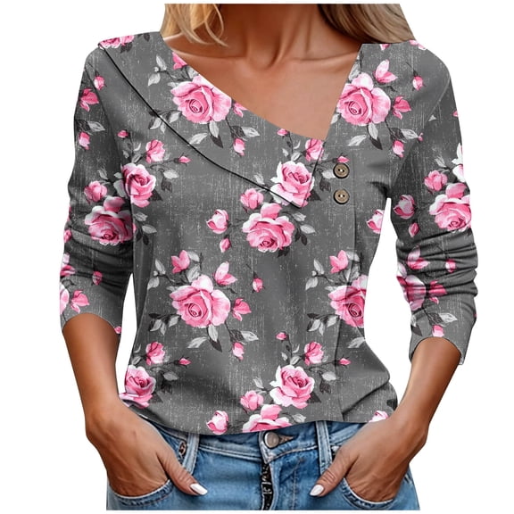 Fewfanhot Women Floral Print 3/4 Sleeve Blouse, V‑Neck Button Decor Casual Loose Shirt Tunic Top for Ladies