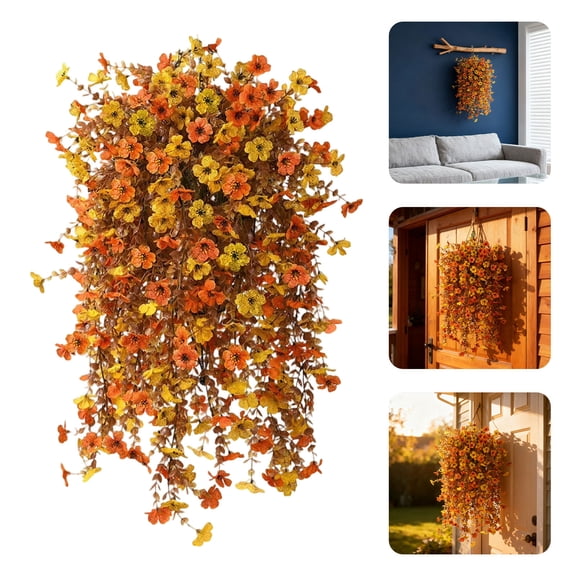 Fall Mums Hanging Outdoor for Porch Patio Balcony Yard Autumn Silk Realistic Flowers for Home Exterior Display,26.77 inch,Yellow