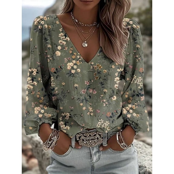 Women's Green Floral Print V-Neck Long Sleeve Blouse