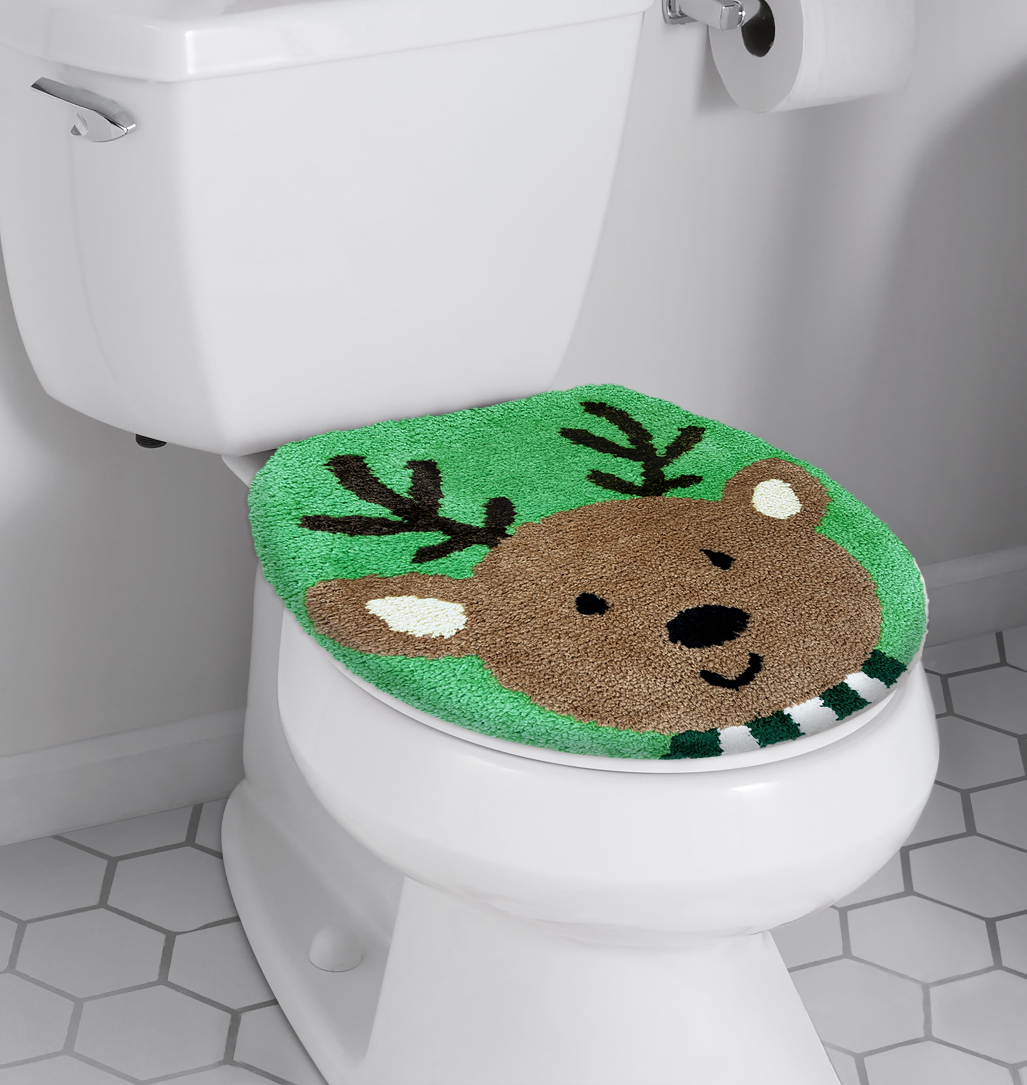 Holiday Time - Reindeer 2-Piece Polyester Holiday Bath Rug Set w/ Contour Rug & Toilet Cover