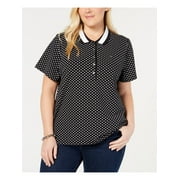TOMMY HILFIGER Womens Black Polka Dot Short Sleeve Collared Top Plus Size: 1X