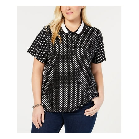 TOMMY HILFIGER Womens Black Polka Dot Short Sleeve Collared Top Plus Size: 1X