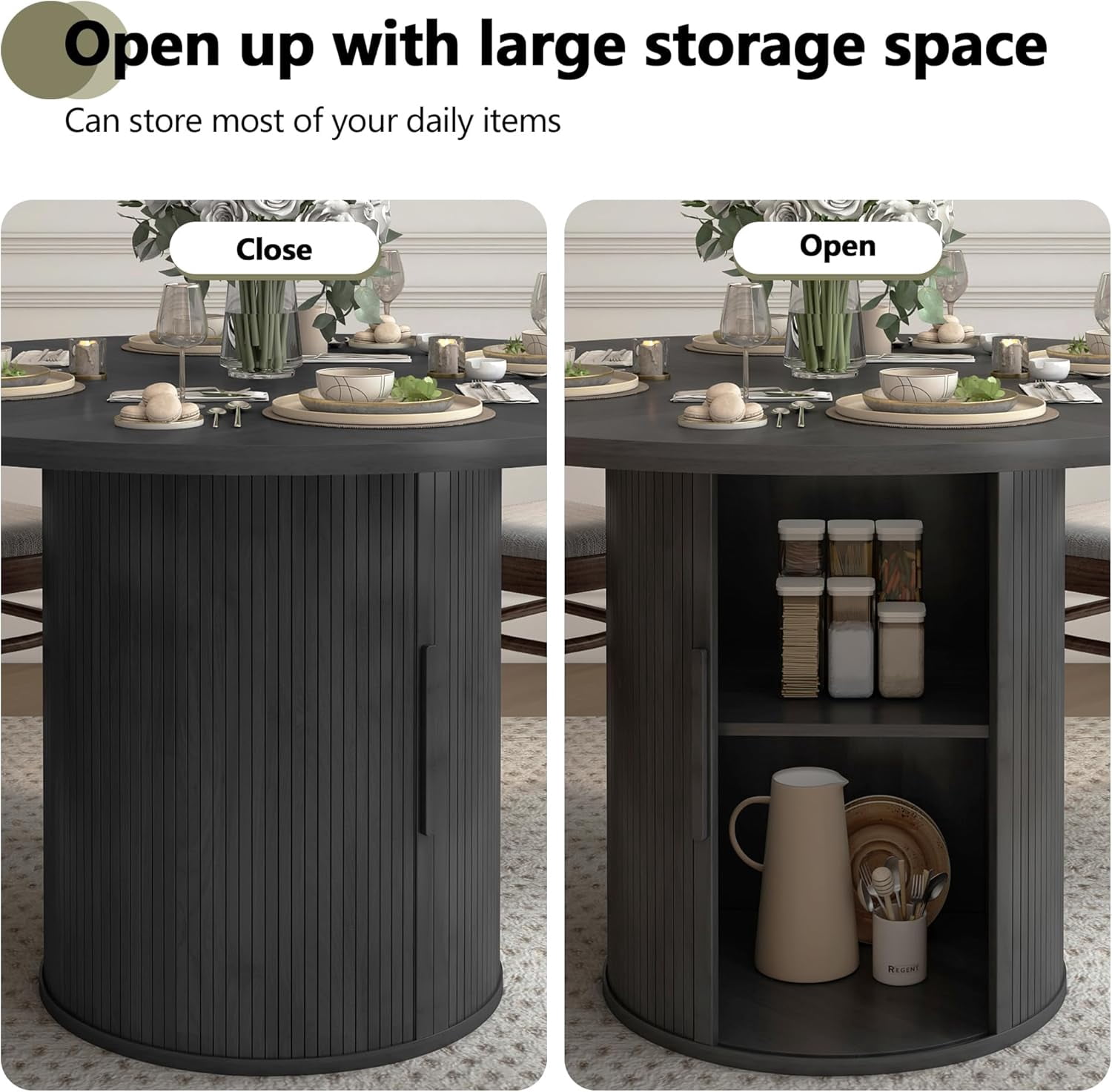 Wirrytor 47" Black Dining Room Table with Storage, Modern Round Table for 4, Kitchen table with 2-Layer Storage Shelves, Circle Dining Table