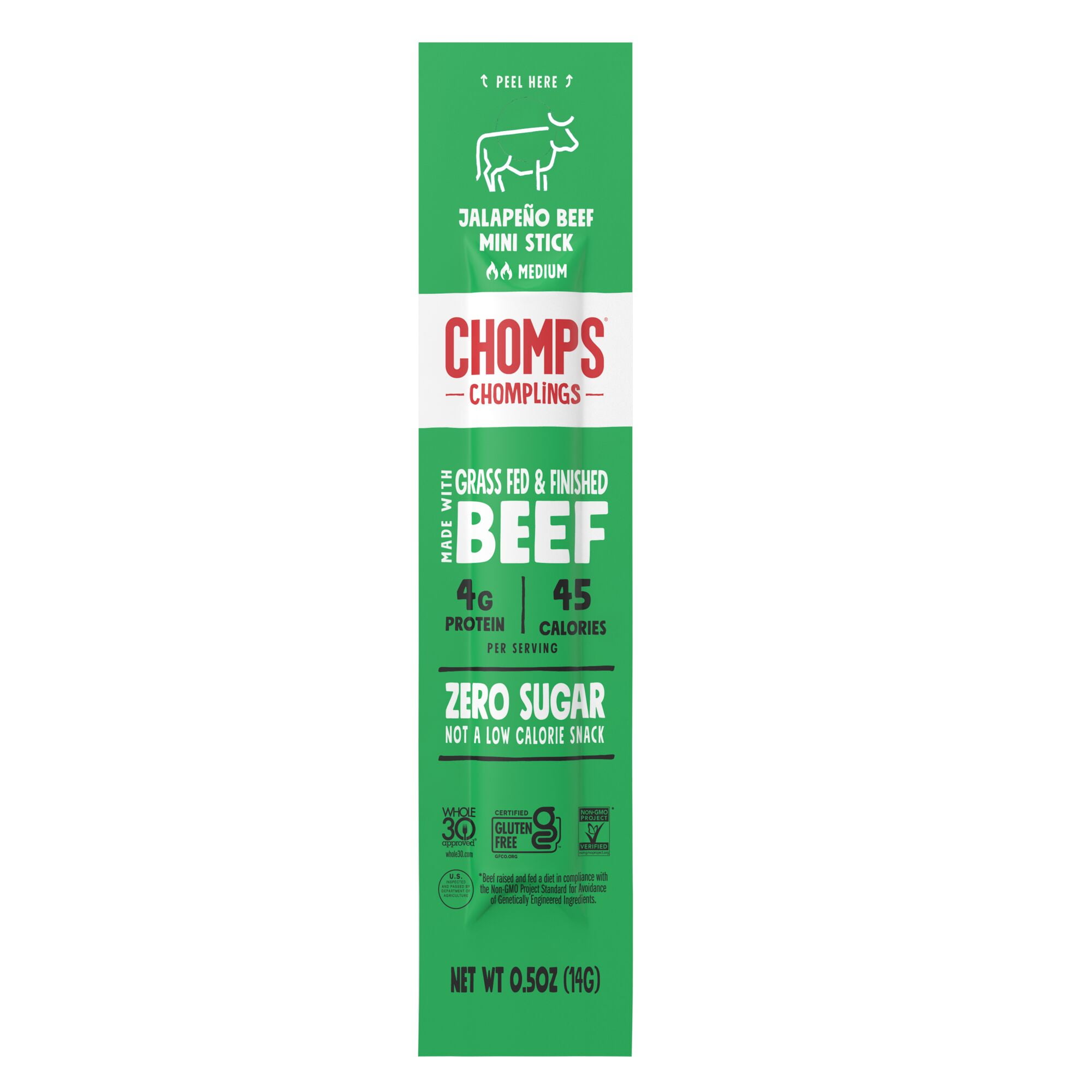 Chomplings Grass-Fed and Finished Jalapeno Beef Jerky Snack Sticks, 4g of Protein (24 Count)