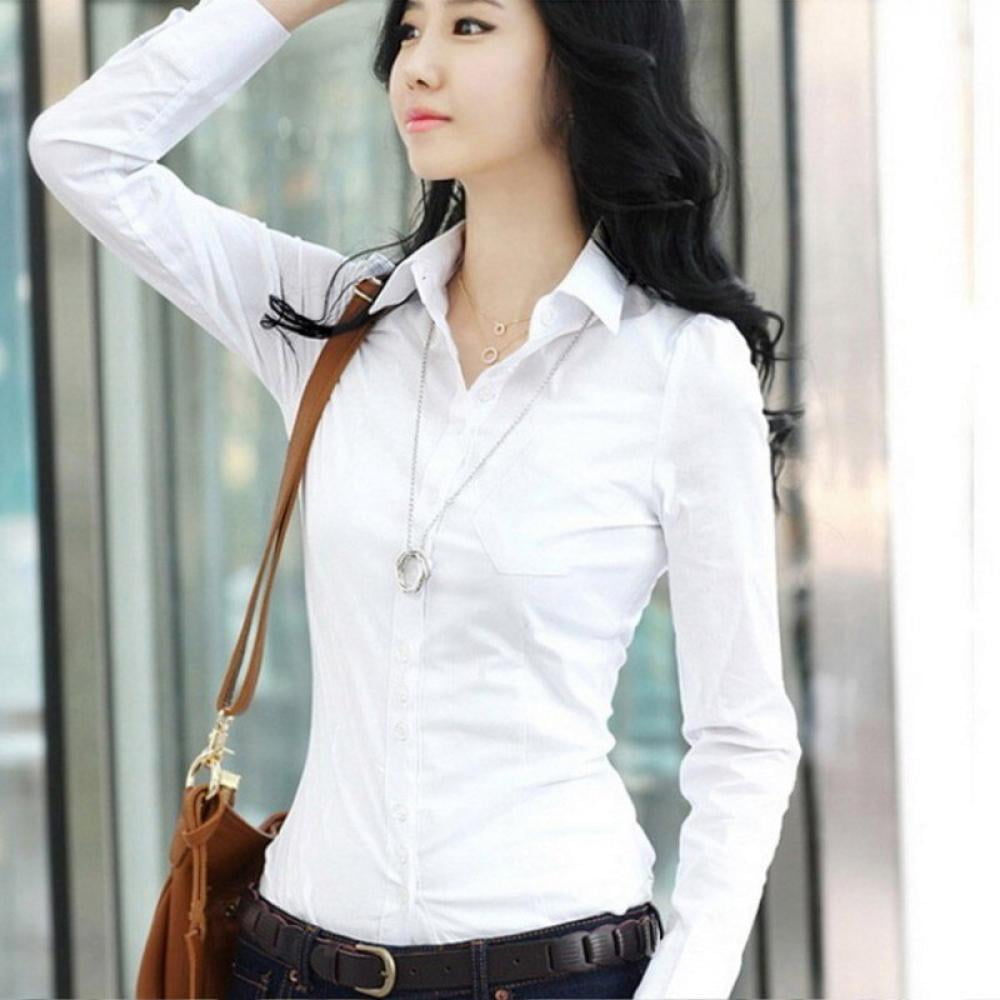 Spring Women Button Up Ruffle Long Sleeve Slim Business Career Office Blouse Top
