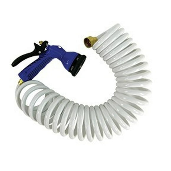 WhiteCap Industries Boat Washdown Hose P-0440 Marine Series; Coiled; 15 Foot Hose Length; 3/4 Inch Male And Femal Fitting; Polyurethane; With Adjustable Nozzle