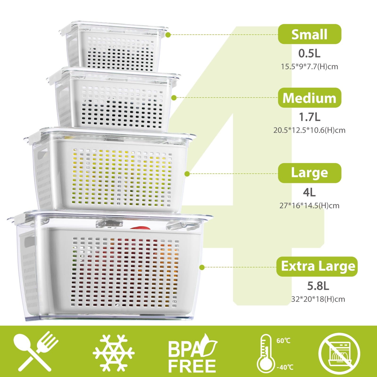 LUXEAR 4 Pack Vegetable Storage Containers for Fridge, Fruit Container with Lids &Removable Colander Large Fridge Organizer BPA-free for Fruit Vegetable, Berry, Meat Storage keep Fresh Longer White