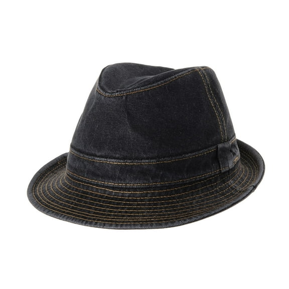 WITHMOONS Denim Fedora Hat Plain Stitch Washed Short Brim DW6646 (Black, M)