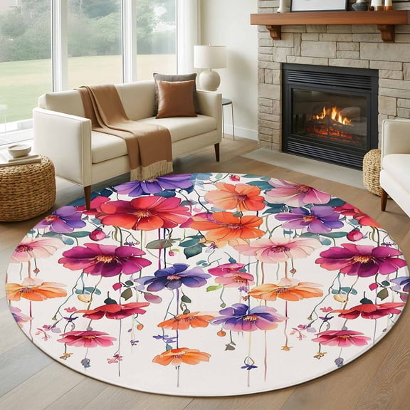 Round Rugs 5Ft, Spring Flowers Round Area Rug Washable Indoor Throw Carpet, Modern Watercolor Paining Leaf Floral Soft Non Slip Circle Rug for Cabinet Bathroom Home Decor Aesthetic