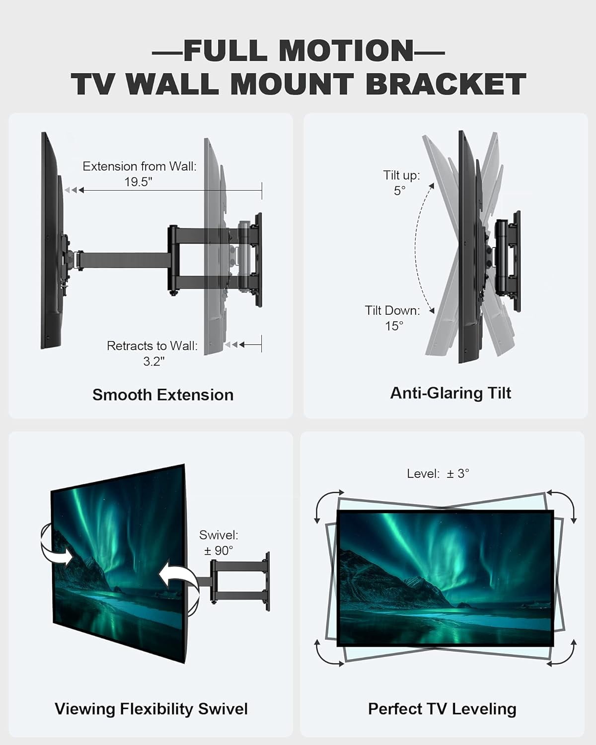 Full Motion TV Wall Mount, Heavy Duty Single Articulating Arms TV Bracket for Most 32-55 Inch Flat Curved TVs, Up to