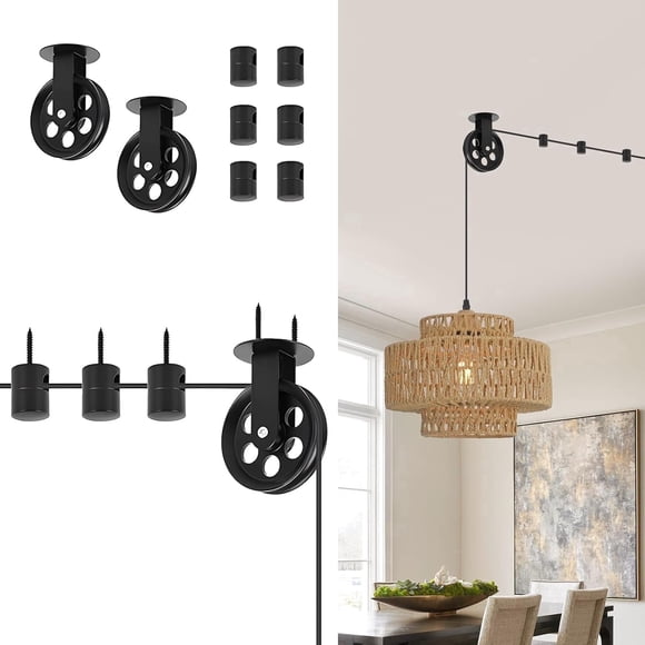 KEESFU Kit de Polea Ajustable para Luces Colgantes, Colgador de Cable de Montaje en Techo de Metal Negro con Ganchos para Lámpara DIY, Planta