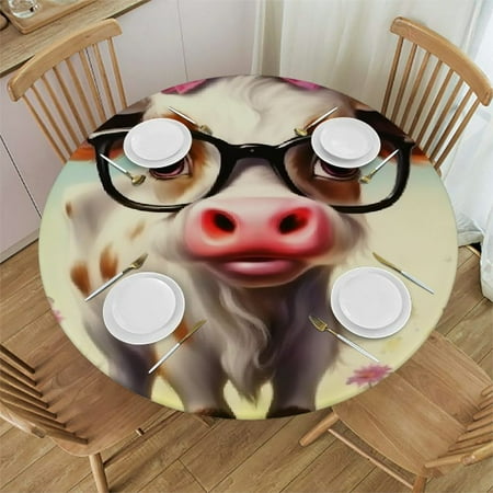 

BCIIG Cow with Glasses and Bow Round Table Cover Stain Resistant Washable Indoor Outdoor Tablecloth Kitchen Dining Wedding Parties Tablecloths 100% Polyester Fiber 42 -46