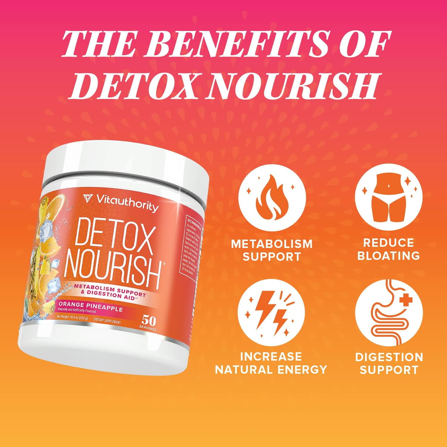 Vitauthority Detox Nourish Dietary Supplement Powder, Metabolism Support & Digestion Aid, Orange Pineapple, 10.9 oz