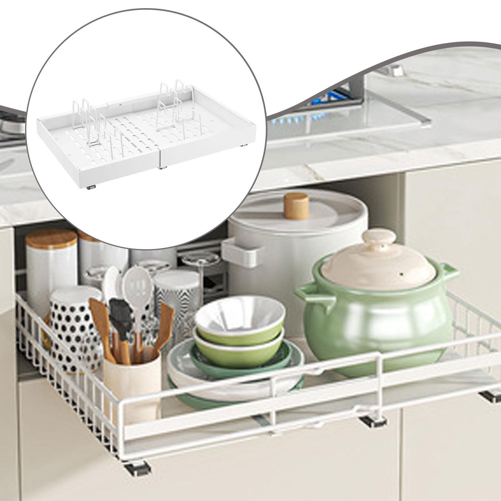 Fiocias Pull Out Cabinet Organizer Utensil Spice Storage Shelf Carbon Steel under Sink Drawer Storage Rack for Pantry Closet Office White