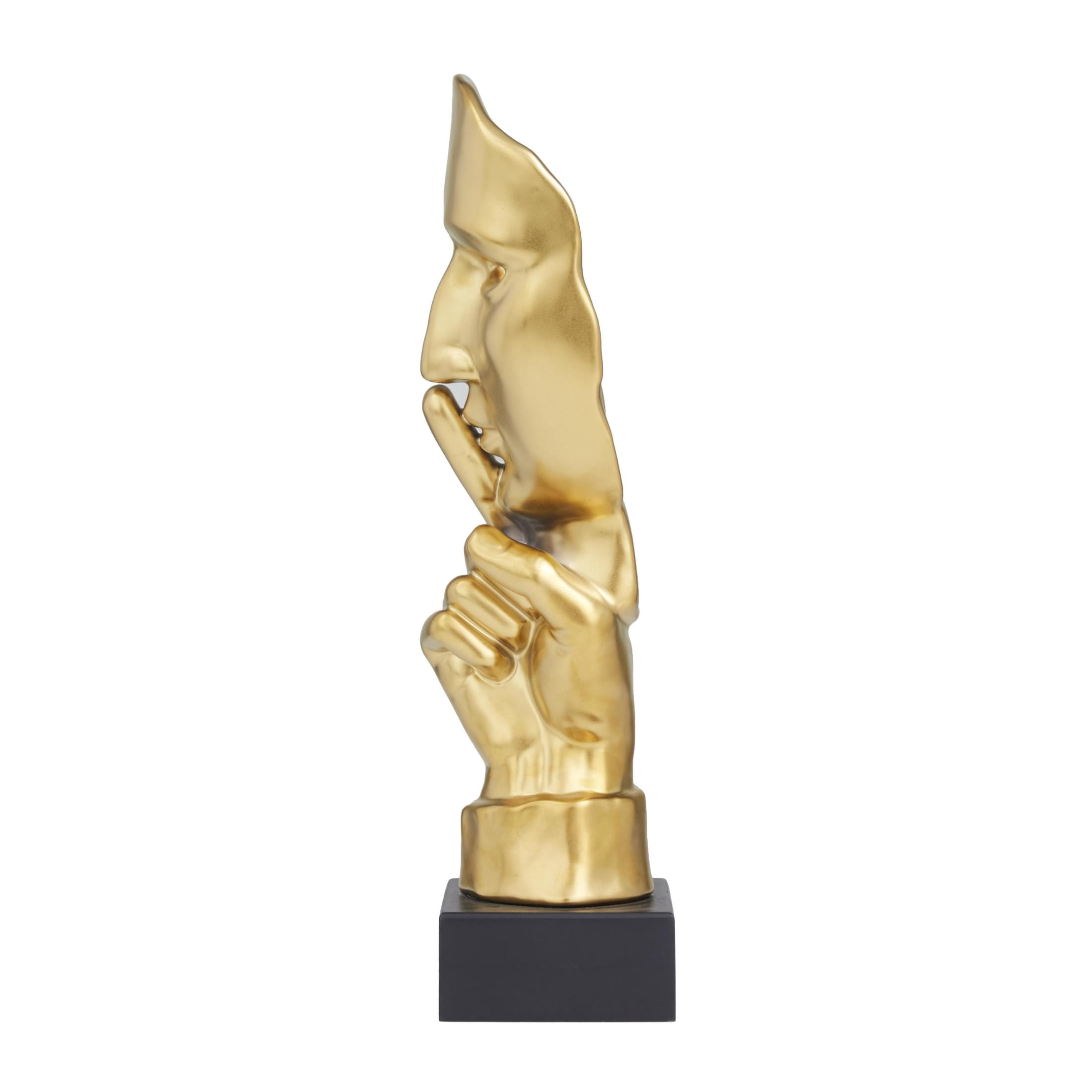 6" x 17" Gold Porcelain Ceramic Quiet Gesture Mask Sculpture, by DecMode