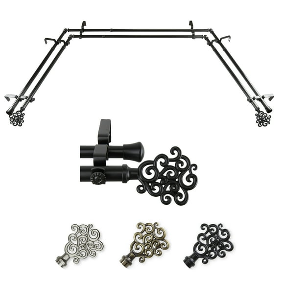 Goldie 13/16" Double Bay Window curtain rod Adjustable 20"-36", 38"-72" - Black,(ABay-71-2D)