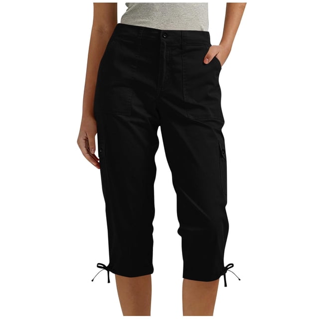 Pantalones de Cintura Elástica para Mujeres Color Sólido Ropa Casual Bolsillos de Longitud Completa Capris Mujeres Cintura Elástica Capris