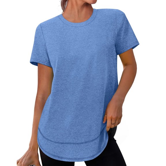 Dwellite Womens Workout Tops Short Sleeve Crew Neck Sports Yoga Running Shirts 2026 Casual Solid Color Shirt Blue 2XL