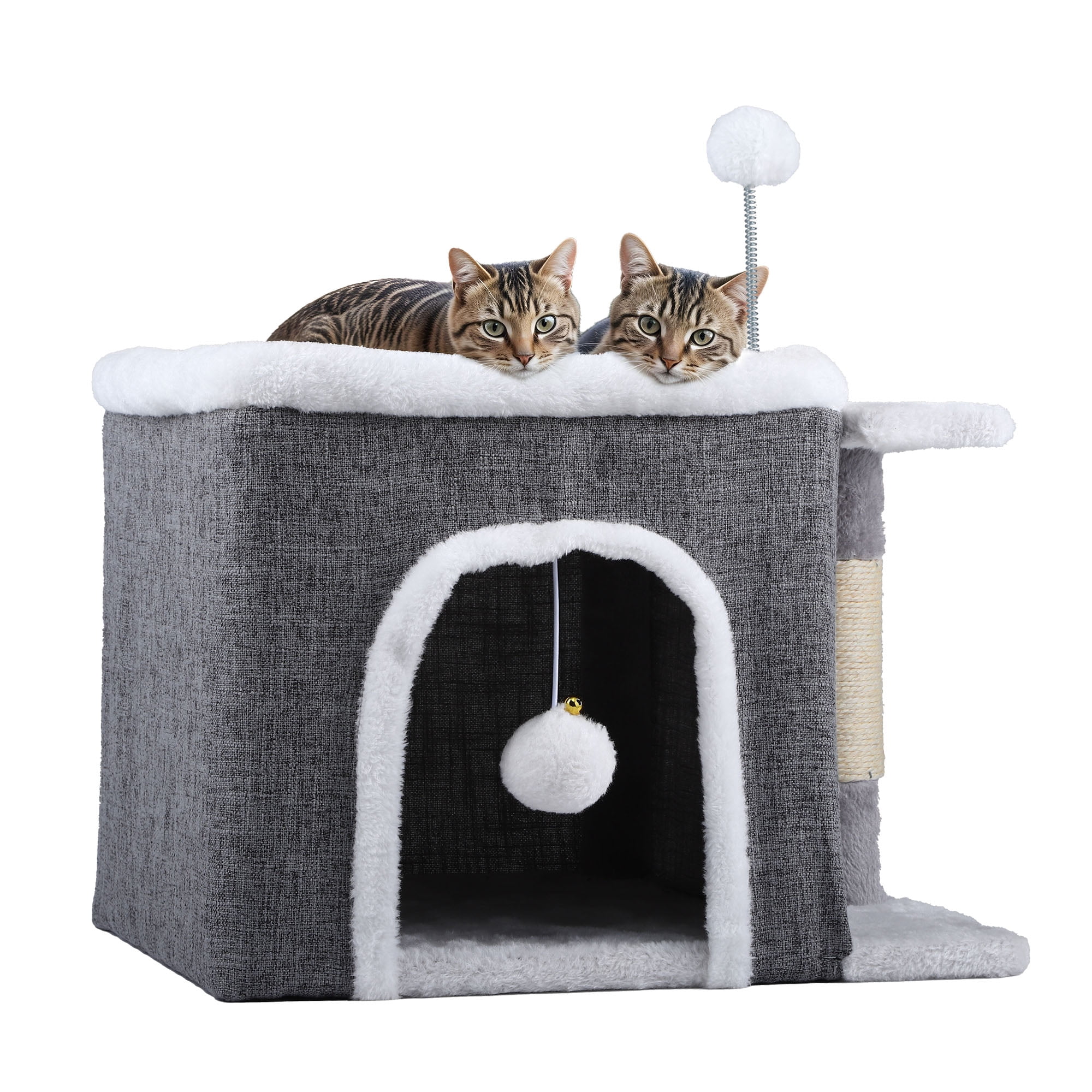 Uforic Indoor Cat Cube House with Sisal Post & Hanging Ball, Covered Cat Bed for Indoor Kittens, Gray