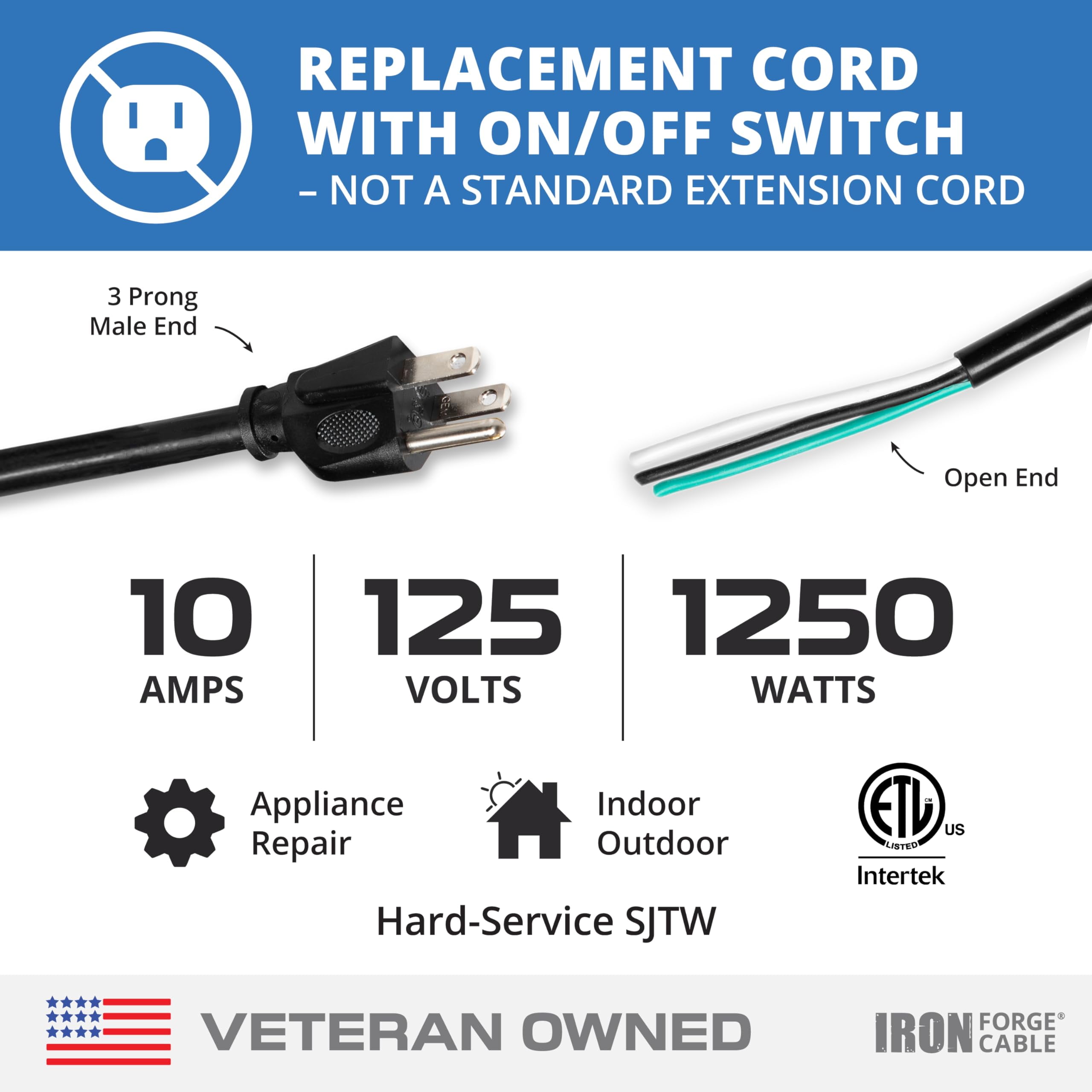 Iron Forge Cable 16 AWG Power Cord Replacement 10 ft with IP65 Waterproof Inline On Off Switch - Black Power Cord 3 Prong, SJTW, NEMA 5-15P, 10 AMP