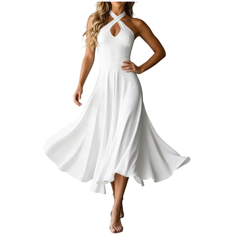 criss cross halter dress white Crisscross Cutout Halter Split Knit Long Dress