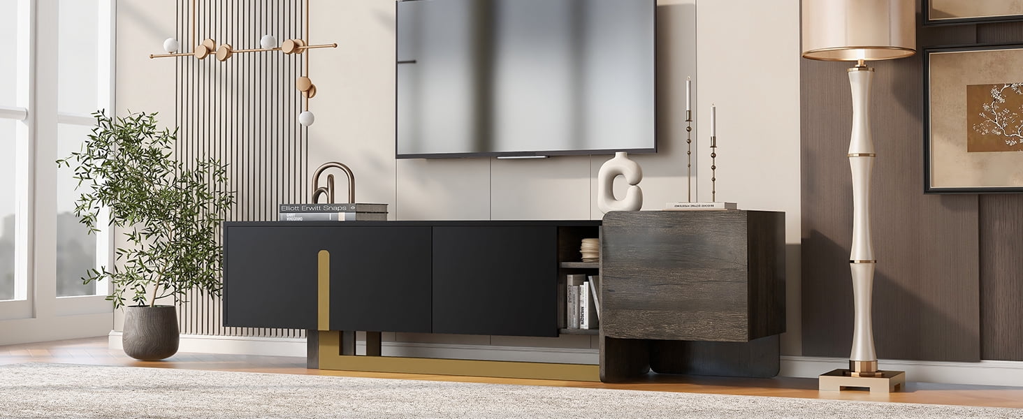 Modern Luxury TV Stand, Entertainment Center with Metal Base, 1 Large Drawer, 2 Cabinets and Golden Accents, Black and White