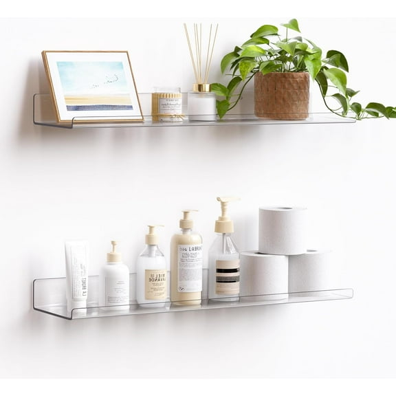 2 Pack Acrylic Shelves for Wall Storage,15"Bathroom Storage Shelves Display,Wall Mounted Bookshelves for Children's Bookshelf Room Wall Decoration Bedroom Kitchen Living Room,Clear