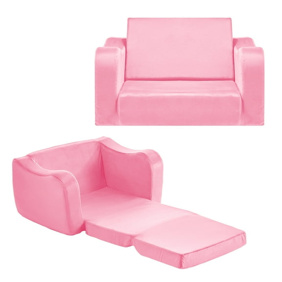 KFFKFF 2-in-1 Kids Sofa, Foldable Toddler Couch with Armrests, Crafted from 28D Sponge & Short Pile, Convertible Chair to Lounger, Ideal for Playtime or Relaxing, Medium Size, Pink