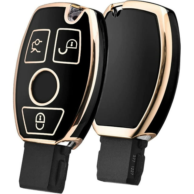 Funda para mando a distancia sin llave de 2 o 3 botones para Mercedes Clase A, B, C y E con borde dorado y cubierta negra para llave para Mercedes W204 y W211